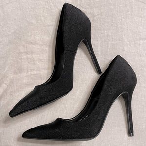 Black fabric 3” stiletto heels.